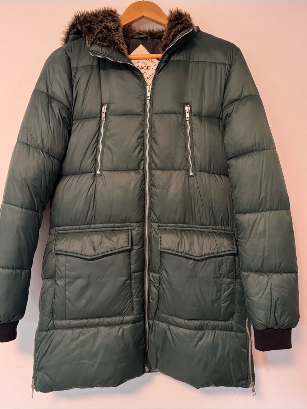 Garage Forest Green Puffer Coat with Faux Fur Hood
